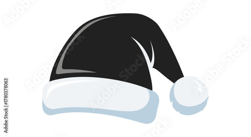 Black Santa hat with white trim and pompom, isolated on white background, festive headwear.