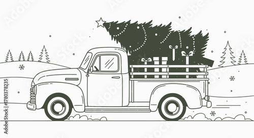 A vintage pickup truck carrying a Christmas tree, presents, and festive decorations, driving through a snowy landscape.