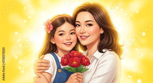 Mother and daughter embracing with flowers