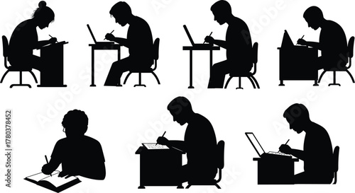Silhouettes of people studying, writing, seated posture, academic activity, desk work, focused learning, notebook use, education, concentration, productivity