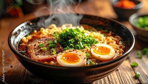 Steaming bowl of ramen in a black bowl on a wooden surface, featuring curly noodles, soft-boiled egg halves, pork slices, chopped green onions, and sesame seeds. Surrounded by blurred garnishes and wa