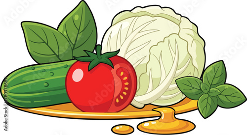 Pixel Art Fresh Vegetables Cauliflower Tomato Cucumber Basil With Yellow Sauce