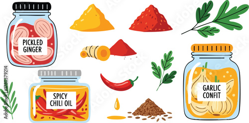 Various Spices And Pickled Ingredients In Jars And Piles With Fresh Herbs