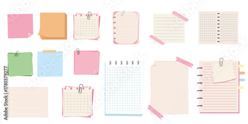 Set notes, memo pages with paper clip and adhesive tape. Sticky remind blanks, sheets, stickers. Checklist ripped torn edge paper.