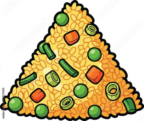 Triangular Portion of Fried Rice With Mixed Vegetables And Peas On White Background