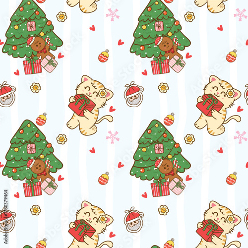 Festive christmas cute happy cat Coquette seamless pattern hand drawn
repeat wallpaper background,wrapping paper
