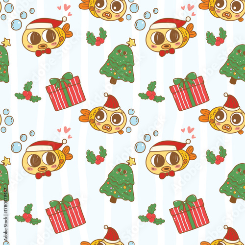 Festive christmas santa fish with gift box Coquette seamless pattern hand drawn repeat wallpaper background,wrapping paper