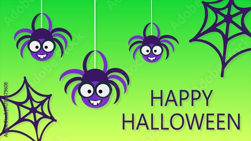 Halloween spiders and web on green background, cute spider animation design. Available in FullHD and 4K video