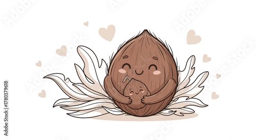 Cute Cartoon Coconut Embracing Its Baby: Delightful Illustration Of Affectionate Moment