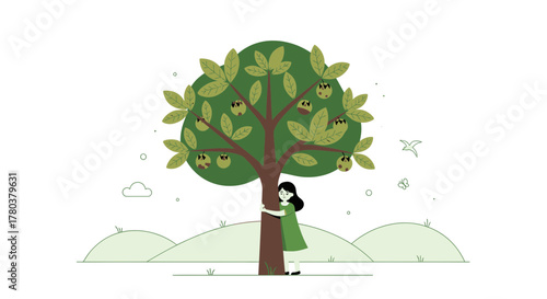 Embracing Nature: A Young Woman Hugging A Tree, Expressing Harmony And Peace.
