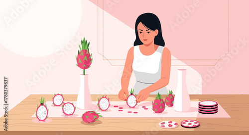 Elegant Young Woman Preparing Dragon Fruit, Pink, Fresh, Exotic, Beautiful Composition