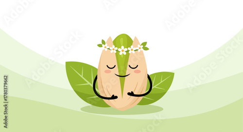 Cute Cartoon Pistachio: Relaxed, Happy Nut with Crown and Green Leaves Design