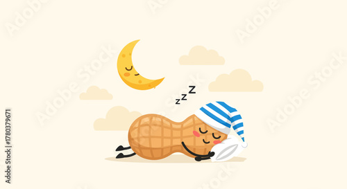 Cute Cartoon Peanut Character Sleeping Under The Moon's Embrace During The Night