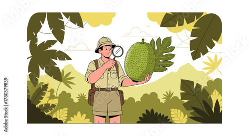 Explorer Gazing At Exotic Fruit In Lush Jungle Environment And Natural Landscape