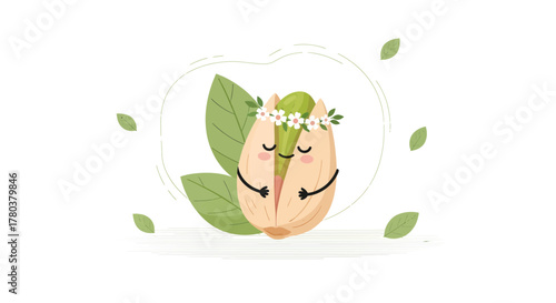 Cute Pistachio With Floral Crown And Smiling Face In Playful And Whimsical Design