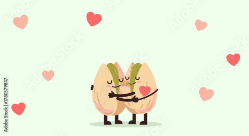 Cute Pistachios Embrace In Love, Illustrative Artwork With Animated Hearts All Around