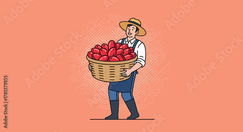 Farmer Appears, Bearing A Basket Overflowing With Harvested, Red Produce