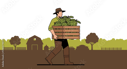 Farmer Carrying a Crate of Freshly Harvested Produce Across Idyllic Farmland Scene