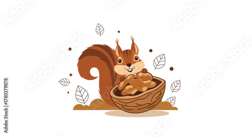 Cute Squirrel Holding Nut, Autumnal Illustration with Minimalist Design and Warm Tones