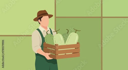 Farmer Carrying a Crate of Fresh Cantaloupe from the Orchard Ready to Market