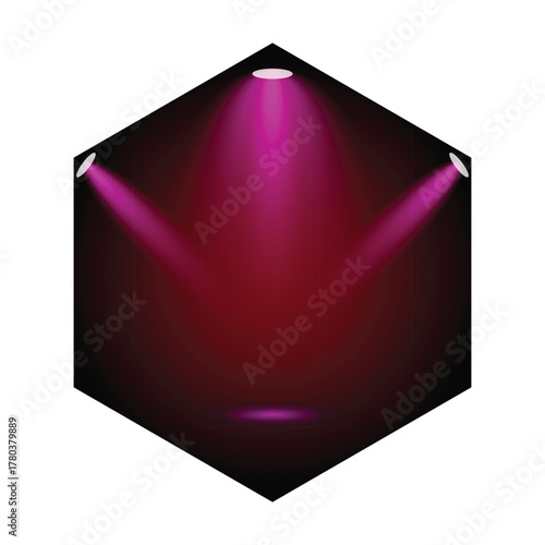 Abstract hexagon with pink spotlights shining on a dark red gradient background.