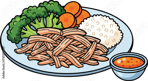 Pixel Art Style Plate of Shredded Meat Broccoli Carrots and Rice with Dipping Sauce