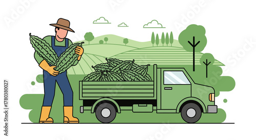 Farmer Loading Pick Up Truck With Harvested Gourd From Field During Daytime