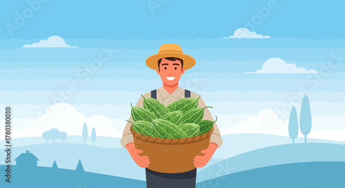 Farmer Holding A Basket Of Fresh Bitter Gourds Against A Landscape Backdrop