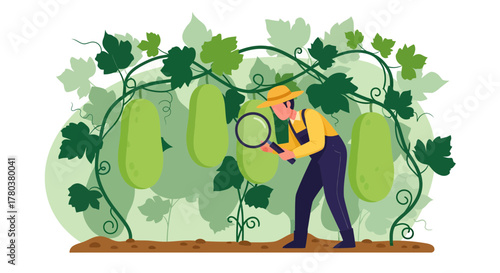 Farmer Investigates Giant Vegetables in Lush Garden Under Green Leaves and Swirling Vines