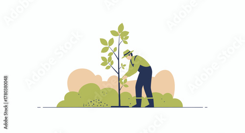 Farmer Planting Young Tree: Vector Illustration Depicting Environmental Conservation Effort