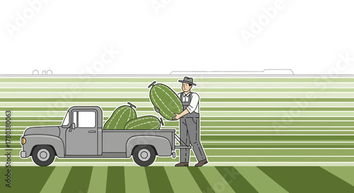 Farmer Loading Produce Into a Pickup Truck Illustrating Agriculture and Harvest Season Activities