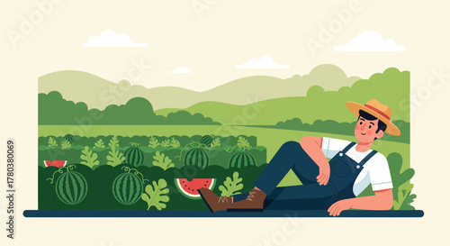 Farmer Resting By Watermelons: A Peaceful Scene Of Abundance And Rural Life