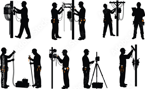 Utility worker silhouettes, electrical maintenance, pole work, safety gear, inspection, repair, telecom service, technician posture, infrastructure, field operation