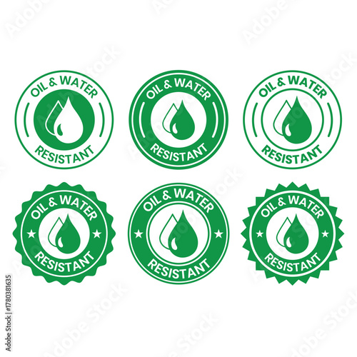 Oil and Water Resistant Logo Badge – Vector Icon for Business Information and Product Labels. Oil and Water Resistant icon, sticker, label, emblem, stamp, symbol, black, line, flat vector.