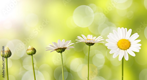 Watch beautiful daisies bloom in a progression of growth against a vibrant green bokeh background, perfect for representing life cycles and new beginnings