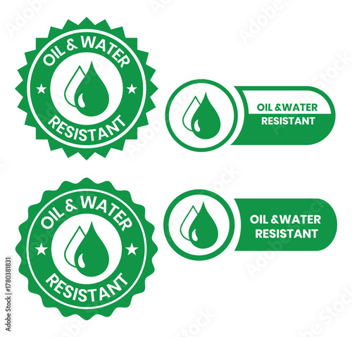 Oil and Water Resistant Logo Badge – Vector Icon for Business Information and Product Labels. Oil and Water Resistant icon, sticker, label, emblem, stamp, symbol, black, line, flat vector.