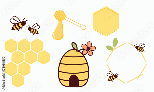 Bee and honey vector set, cute bees with honey dipper, honeycomb hexagons, beehive with flower, and wreath frame, yellow and brown illustration for stickers and packaging.