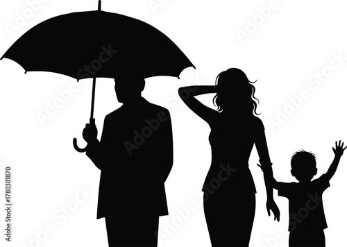 PrintSilhouette of family with umbrella, man protecting woman and child from rain, family love, unity, care, weather safety illustration