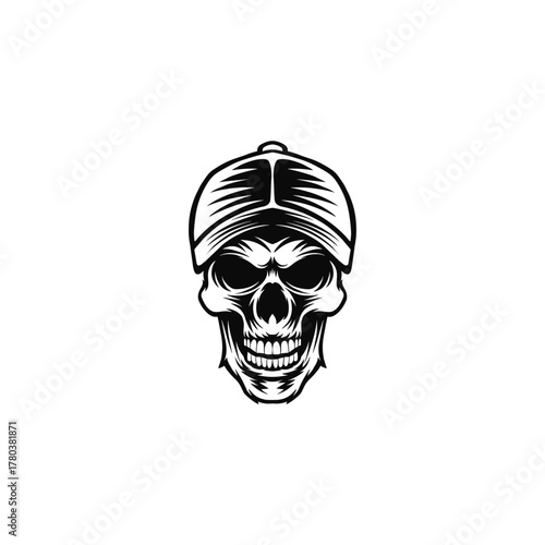 logo illustration of an angry skull head wearing a hat