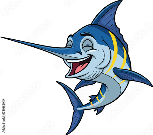PrintSmiling cartoon swordfish swimming underwater, happy blue marlin character illustration, cute ocean animal design for children, marine life artwork, vector drawing