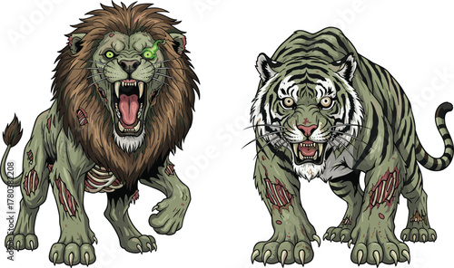 PrintZombie lion and tiger illustration, scary undead wild animals with glowing eyes, horror fantasy creature artwork for Halloween, games, and dark design