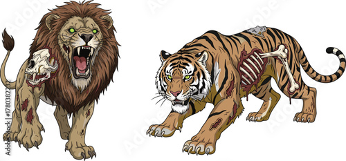 PrintZombie lion and tiger illustration, undead jungle predators with glowing eyes, horror fantasy artwork, scary animal design, Halloween creature vector, detailed art.