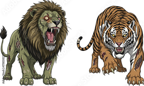 PrintZombie lion and tiger illustration, undead wild animals with fierce expressions, horror fantasy artwork for Halloween, games, storytelling, and dark creature design