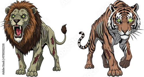 PrintZombie lion and tiger illustration, undead wild animals with glowing eyes, horror fantasy artwork, scary jungle beasts, Halloween predator design, detailed vector.