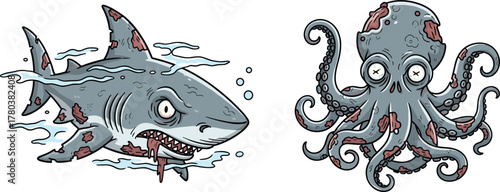 PrintZombie shark and undead octopus cartoon illustration, horror sea creatures, scary marine monsters artwork, spooky ocean animals, creepy underwater fantasy design
