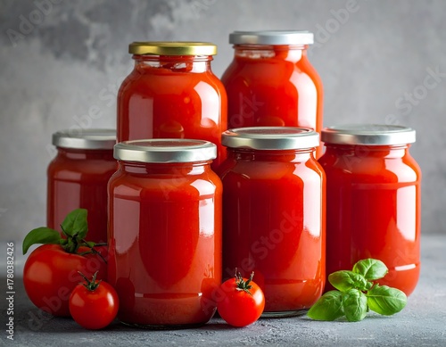Jars of tomato sauce with tomatoes and basil leaves