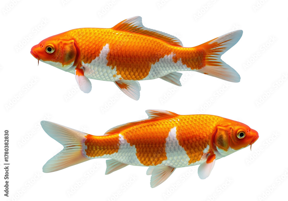 Fototapeta premium Close-up studio photograph of two ornate Koi carp with orange and white spots, isolated on a transparent background. Japanese culture and pond.