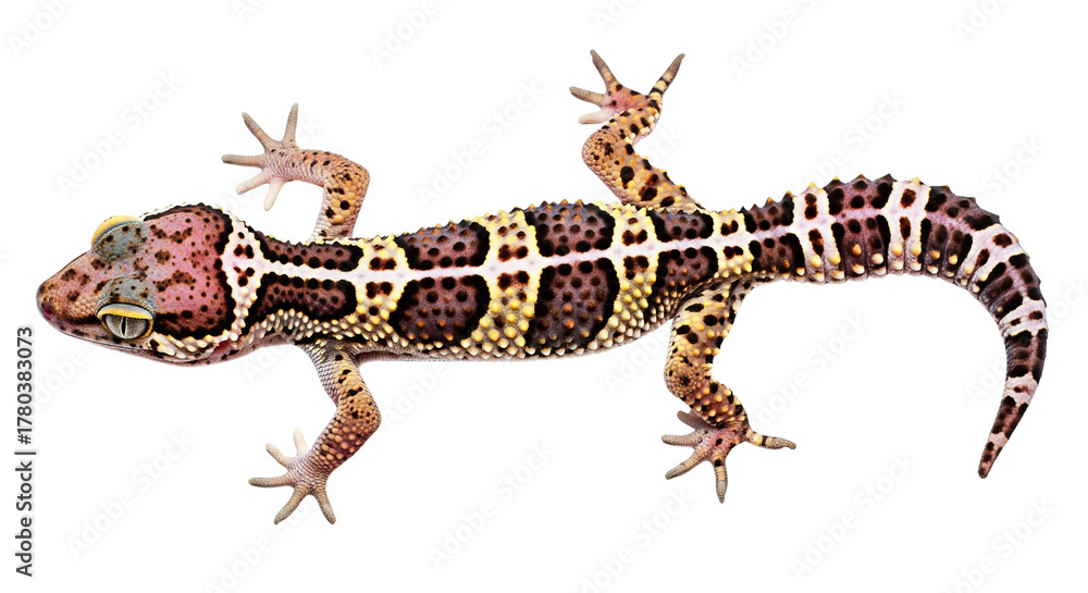 Naklejka premium A studio photograph of an isolated leopard gecko with a unique pattern, spots, and a tail on a transparent background. Reptile and pet.
