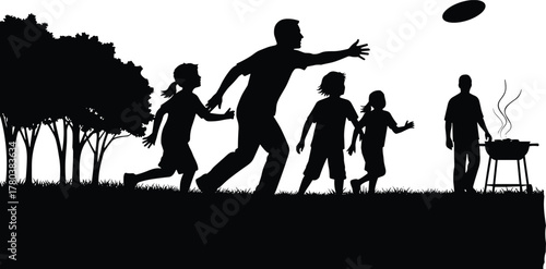 Family outdoor silhouette, children playing vector, parents with kids illustration, picnic barbecue design, frisbee game artwork, lifestyle leisure activity scene