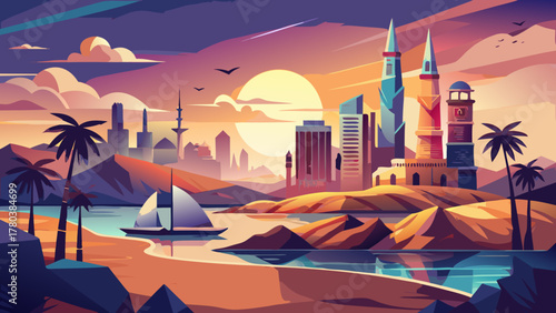 Very beautiful Jeddah travel poster in cinematic minimal vector style, featuring simplified coastal skyline, calm sea, warm sunset tones, and clean geometric shapes creating a modern elegant landscape